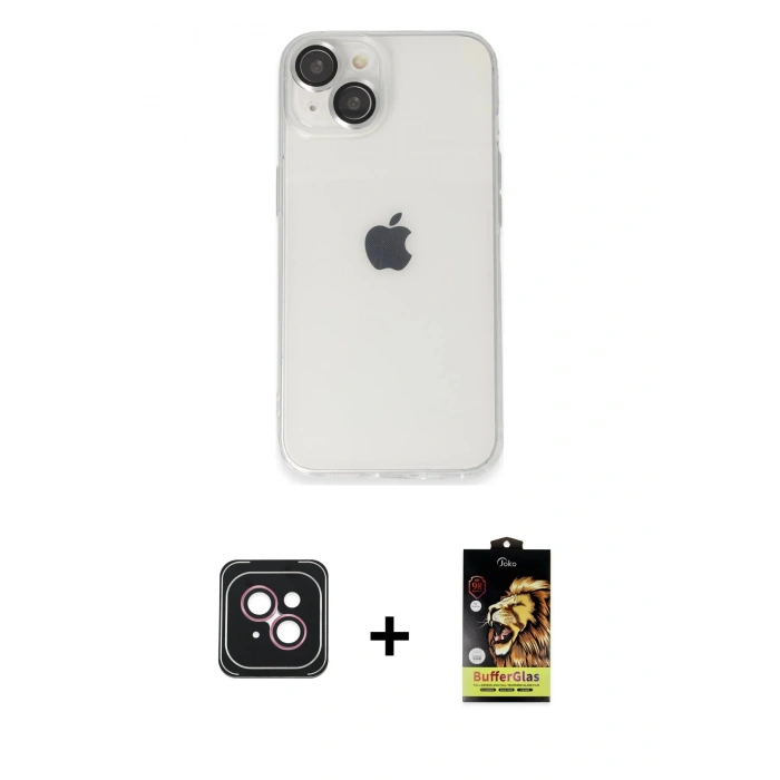MARSİLYAN™- iPhone 14 Kılıf Ufuk Minimal Özel Seri - Siyah Buffer Cam Ekran Koruyucu + PVD Metal Kamera Lens - PE