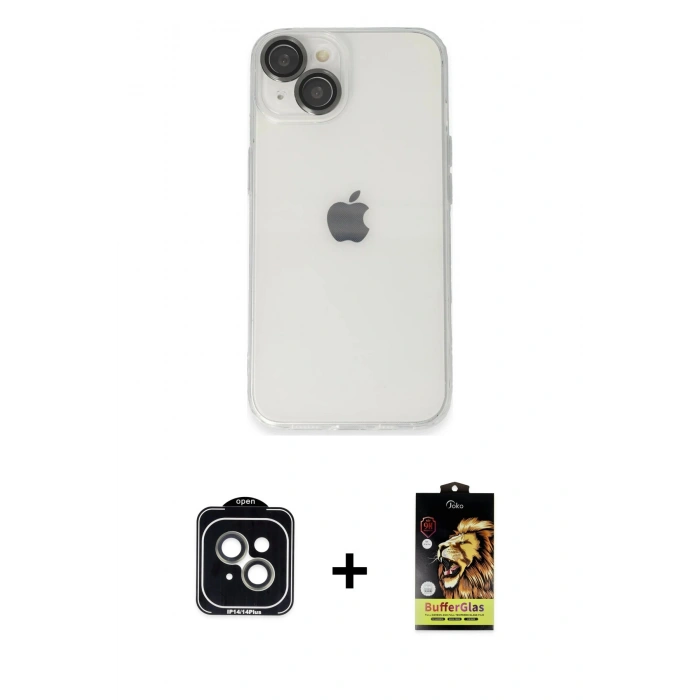 MARSİLYAN™- iPhone 14 Kılıf Ufuk Minimal Özel Seri - Siyah Buffer Cam Ekran Koruyucu + PVD Metal Kamera Lens - YL