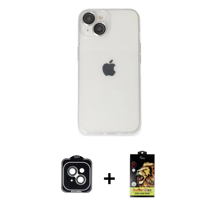 MARSİLYAN™- iPhone 14 Kılıf Ufuk Minimal Özel Seri - Siyah Buffer Cam Ekran Koruyucu + PVD Metal Kamera Lens - YL