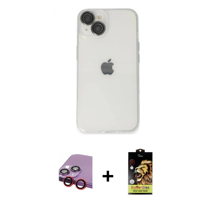 MARSİLYAN™- iPhone 14 Kılıf Ufuk Minimal Özel Seri - Siyah Buffer Cam Ekran Koruyucu + Raze Metal Kamera Lens - KI