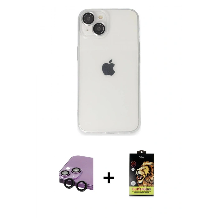 MARSİLYAN™- iPhone 14 Kılıf Ufuk Minimal Özel Seri - Siyah Buffer Cam Ekran Koruyucu + Raze Metal Kamera Lens - SH