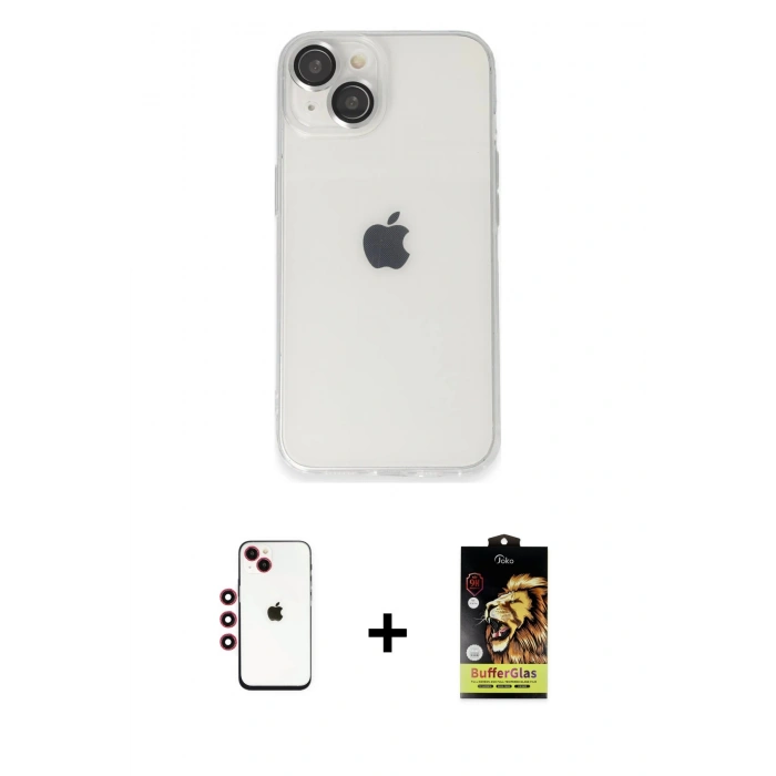 MARSİLYAN™- iPhone 14 Kılıf Ufuk Minimal Özel Seri - Siyah Buffer Cam Ekran Koruyucu + Shine Kamera Lens - KI