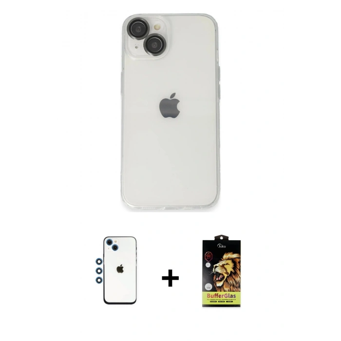 MARSİLYAN™- iPhone 14 Kılıf Ufuk Minimal Özel Seri - Siyah Buffer Cam Ekran Koruyucu + Shine Kamera Lens - MI