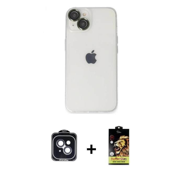 MARSİLYAN™- iPhone 14 Kılıf Ufuk Minimal Özel Seri - Siyah Buffer Cam Ekran Koruyucu + PVD Metal Kamera Lens - SH
