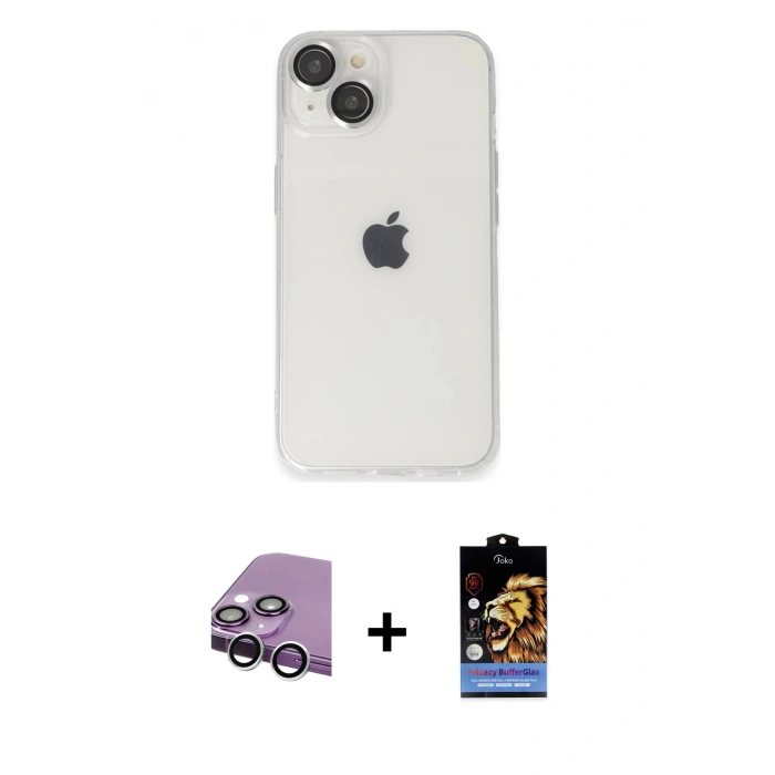 MARSİLYAN™- iPhone 14 Kılıf Ufuk Minimal Özel Seri - Siyah Buffer Hayalet Cam Ekran Koruyucu + Gümüş Raze Metal Kamera Lens