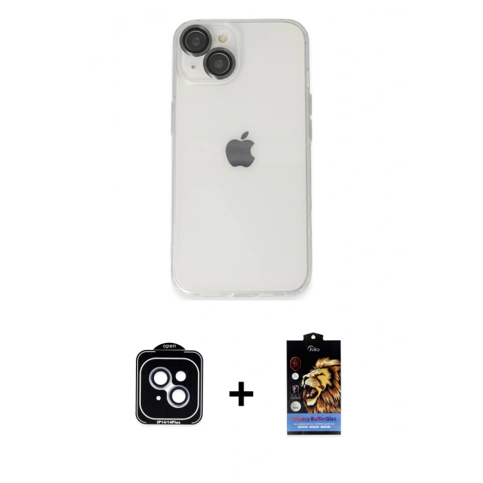MARSİLYAN™- iPhone 14 Kılıf Ufuk Minimal Özel Seri - Siyah Buffer Hayalet Cam Ekran Koruyucu + PVD Metal Kamera Lens - MI