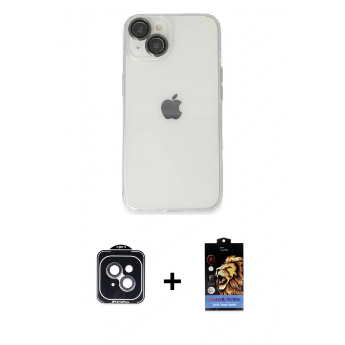 MARSİLYAN™- iPhone 14 Kılıf Ufuk Minimal Özel Seri - Siyah Buffer Hayalet Cam Ekran Koruyucu + PVD Metal Kamera Lens - SH