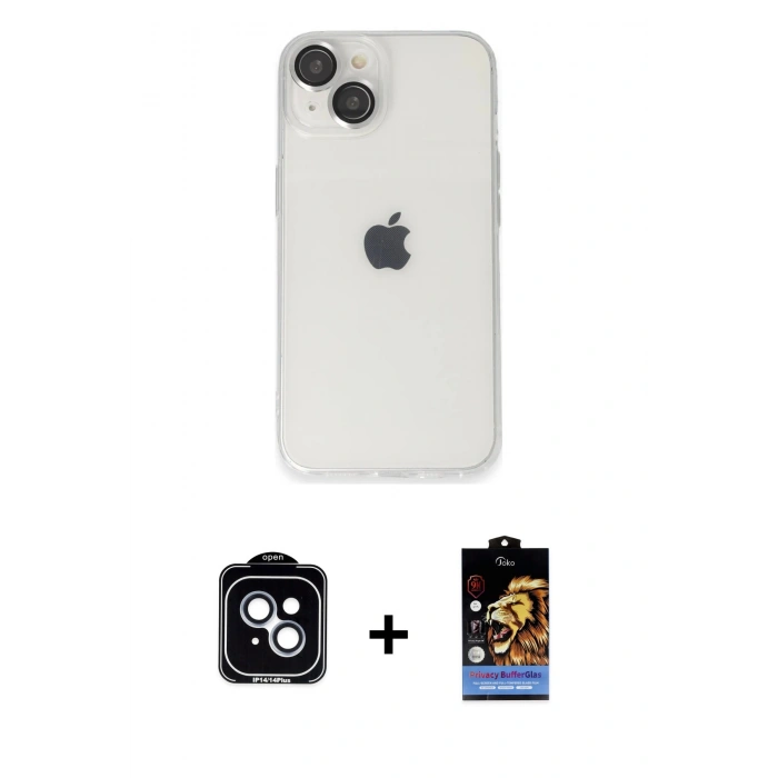 MARSİLYAN™- iPhone 14 Kılıf Ufuk Minimal Özel Seri - Siyah Buffer Hayalet Cam Ekran Koruyucu + PVD Metal Kamera Lens - MI