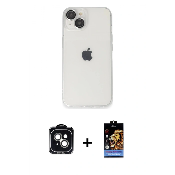 MARSİLYAN™- iPhone 14 Kılıf Ufuk Minimal Özel Seri - Siyah Buffer Hayalet Cam Ekran Koruyucu + PVD Metal Kamera Lens - YL