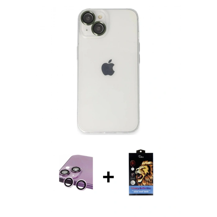 MARSİLYAN™- iPhone 14 Kılıf Ufuk Minimal Özel Seri - Siyah Buffer Hayalet Cam Ekran Koruyucu + Raze Metal Kamera Lens - MR