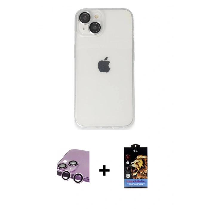 MARSİLYAN™- iPhone 14 Kılıf Ufuk Minimal Özel Seri - Siyah Buffer Hayalet Cam Ekran Koruyucu + Raze Metal Kamera Lens - MR