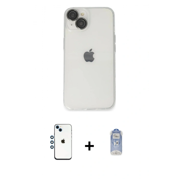 MARSİLYAN™- iPhone 14 Kılıf Ufuk Minimal Özel Seri - Siyah Joko Magic 5D Cam + Mavi Shine Kamera Lens