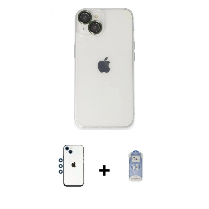 MARSİLYAN™- iPhone 14 Kılıf Ufuk Minimal Özel Seri - Siyah Joko Magic 5D Cam + Mavi Shine Kamera Lens