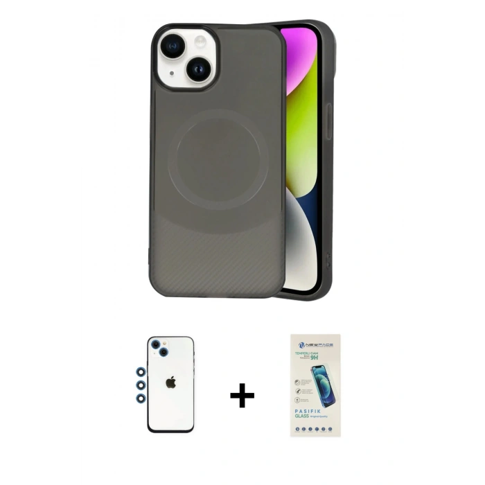 MARSİLYAN™- iPhone 14 Kılıf Ufuk Serisi - Şeffaf Pasifik Cam Ekran Koruyucu + Shine Kamera Lens - MI