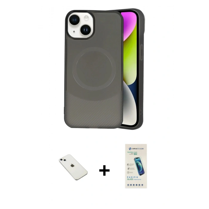 MARSİLYAN™- iPhone 14 Kılıf Ufuk Serisi - Şeffaf Pasifik Cam Ekran Koruyucu + Diamond Kamera Lens - SABE