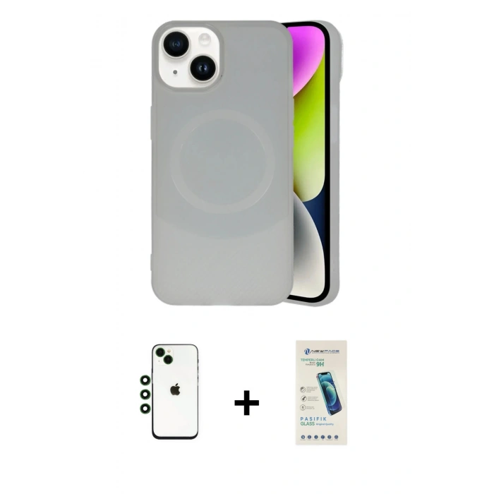 MARSİLYAN™- iPhone 14 Kılıf Ufuk Serisi - Şeffaf Pasifik Cam Ekran Koruyucu + Shine Kamera Lens - YL