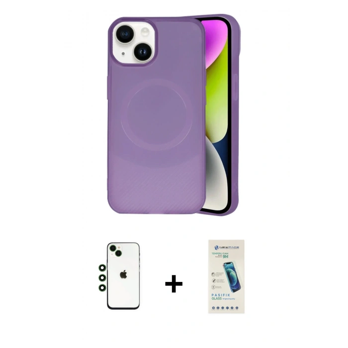 MARSİLYAN™- iPhone 14 Kılıf Ufuk Serisi - Şeffaf Pasifik Cam Ekran Koruyucu + Shine Kamera Lens - YL