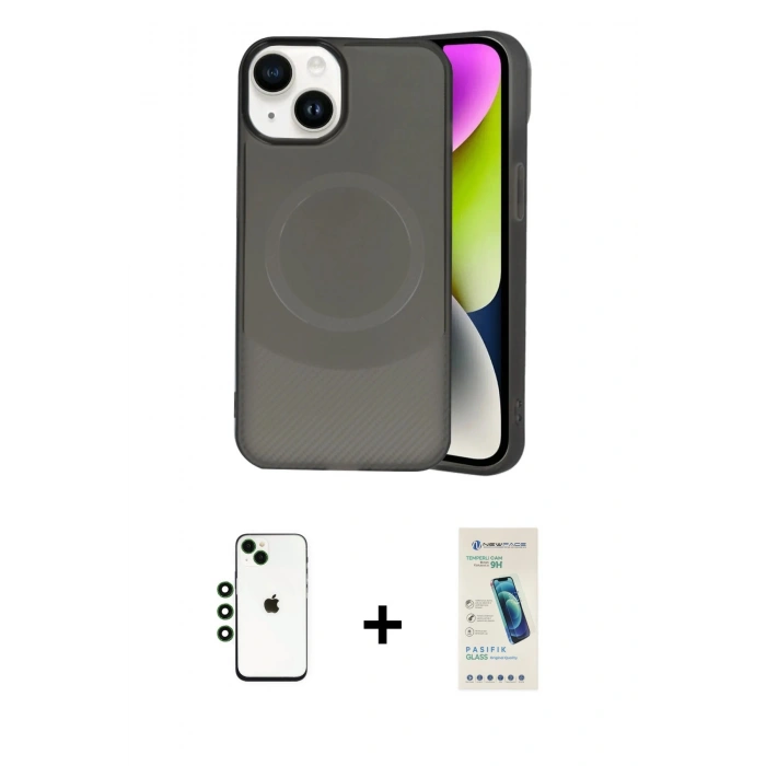 MARSİLYAN™- iPhone 14 Kılıf Ufuk Serisi - Şeffaf Pasifik Cam Ekran Koruyucu + Shine Kamera Lens - YL