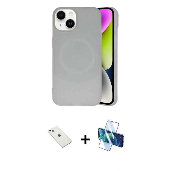 MARSİLYAN™- iPhone 14 Kılıf Ufuk Serisi - Siyah 3D Antistatik Cam Ekran Koruyucu + Diamond Kamera Lens - SABE