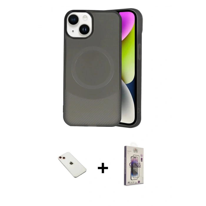 MARSİLYAN™- iPhone 14 Kılıf Ufuk Serisi - Siyah Bilvis 3D Cam Ekran Koruyucu + Diamond Kamera Lens - KI