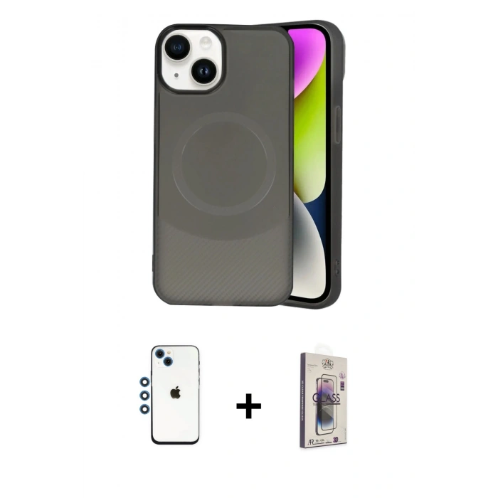 MARSİLYAN™- iPhone 14 Kılıf Ufuk Serisi - Siyah Bilvis 3D Cam Ekran Koruyucu + Shine Kamera Lens - MI