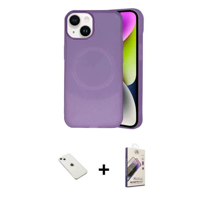 MARSİLYAN™- iPhone 14 Kılıf Ufuk Serisi - Siyah Bilvis 3D Mat Cam Ekran Koruyucu + Diamond Kamera Lens - PE