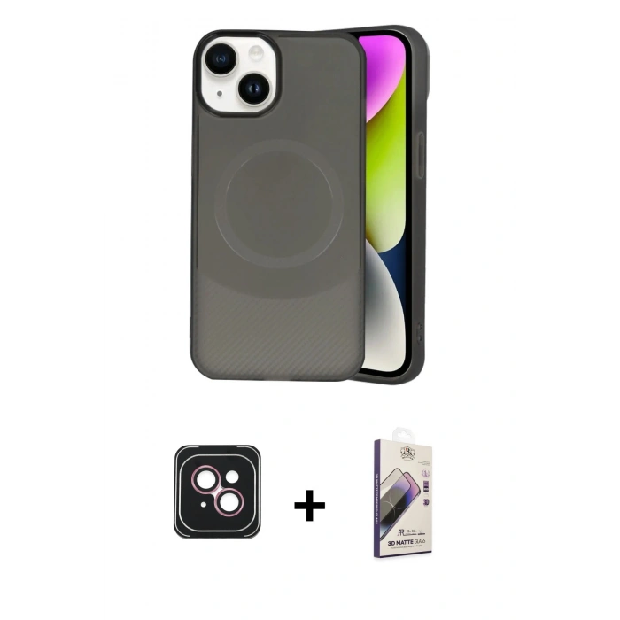 MARSİLYAN™- iPhone 14 Kılıf Ufuk Serisi - Siyah Bilvis 3D Mat Cam Ekran Koruyucu + PVD Metal Kamera Lens - PE