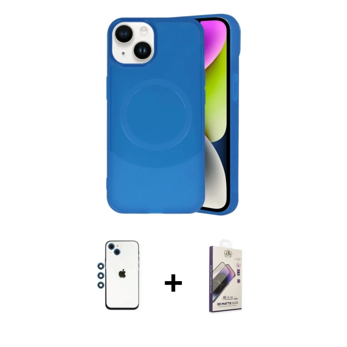 MARSİLYAN™- iPhone 14 Kılıf Ufuk Serisi - Siyah Bilvis 3D Mat Cam Ekran Koruyucu + Shine Kamera Lens - MI