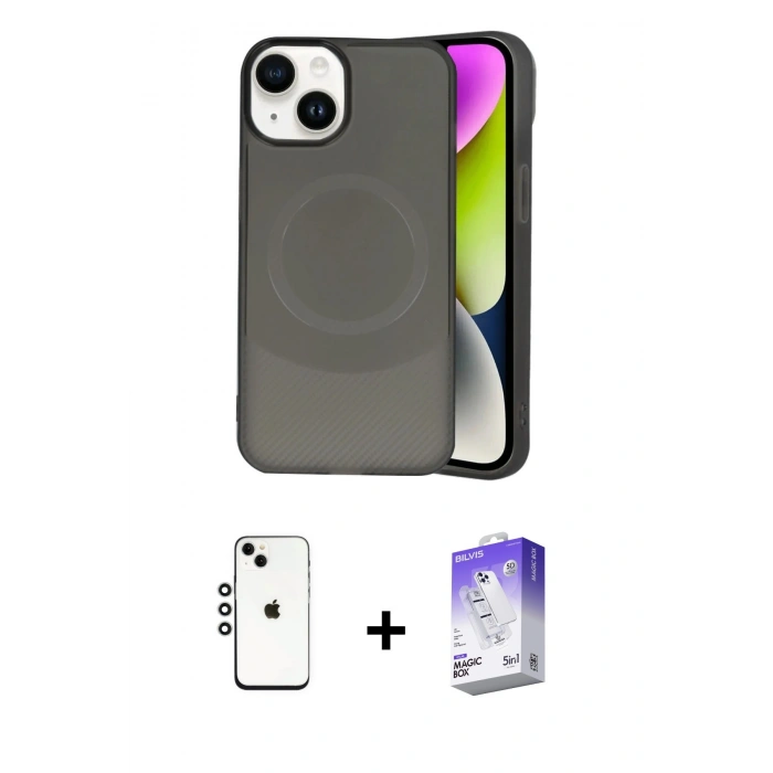 MARSİLYAN™- iPhone 14 Kılıf Ufuk Serisi - Siyah Bilvis 5in1 3D Magic Cam Ekran Koruyucu + Shine Kamera Lens - GS