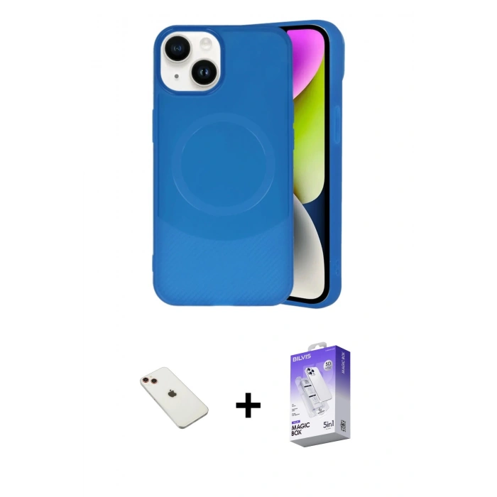 MARSİLYAN™- iPhone 14 Kılıf Ufuk Serisi - Siyah Bilvis 5in1 3D Magic Cam Ekran Koruyucu + Diamond Kamera Lens - KI
