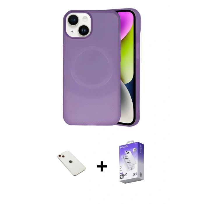 MARSİLYAN™- iPhone 14 Kılıf Ufuk Serisi - Siyah Bilvis 5in1 3D Magic Cam Ekran Koruyucu + Diamond Kamera Lens - KI