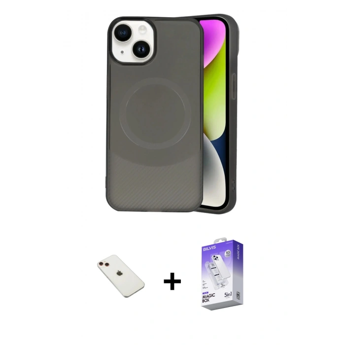 MARSİLYAN™- iPhone 14 Kılıf Ufuk Serisi - Siyah Bilvis 5in1 3D Magic Cam Ekran Koruyucu + Diamond Kamera Lens - KI