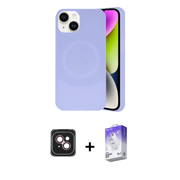 MARSİLYAN™- iPhone 14 Kılıf Ufuk Serisi - Siyah Bilvis 5in1 3D Magic Cam Ekran Koruyucu + PVD Metal Kamera Lens - PE
