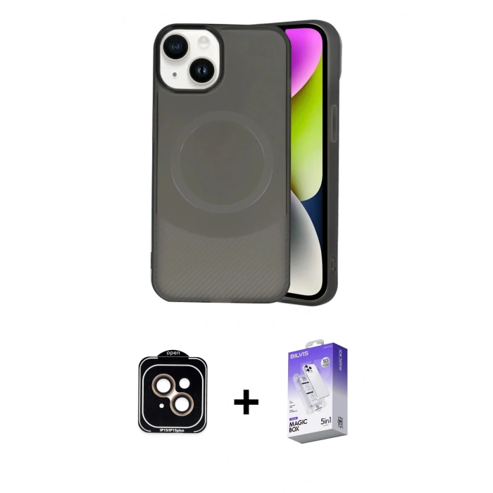 MARSİLYAN™- iPhone 14 Kılıf Ufuk Serisi - Siyah Bilvis 5in1 3D Magic Cam Ekran Koruyucu + PVD Metal Kamera Lens - TU