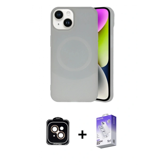 MARSİLYAN™- iPhone 14 Kılıf Ufuk Serisi - Siyah Bilvis 5in1 3D Magic Cam Ekran Koruyucu + PVD Metal Kamera Lens - TU