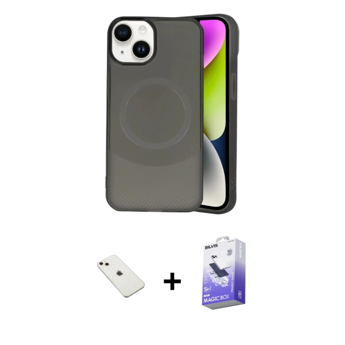 MARSİLYAN™- iPhone 14 Kılıf Ufuk Serisi - Siyah Bilvis 5in1 5D Magic Hayalet Cam Ekran Koruyucu + Diamond Kamera Lens - PE
