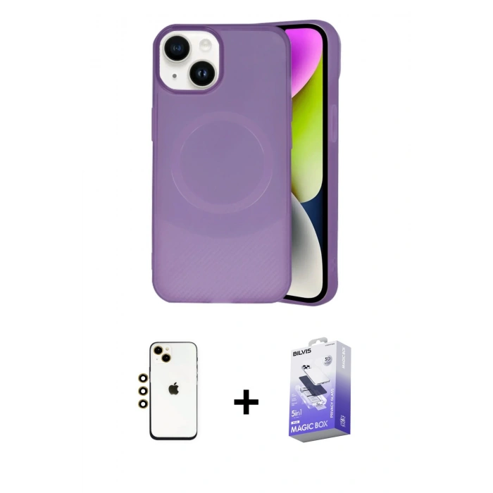 MARSİLYAN™- iPhone 14 Kılıf Ufuk Serisi - Siyah Bilvis 5in1 5D Magic Hayalet Cam Ekran Koruyucu + Shine Kamera Lens - GD