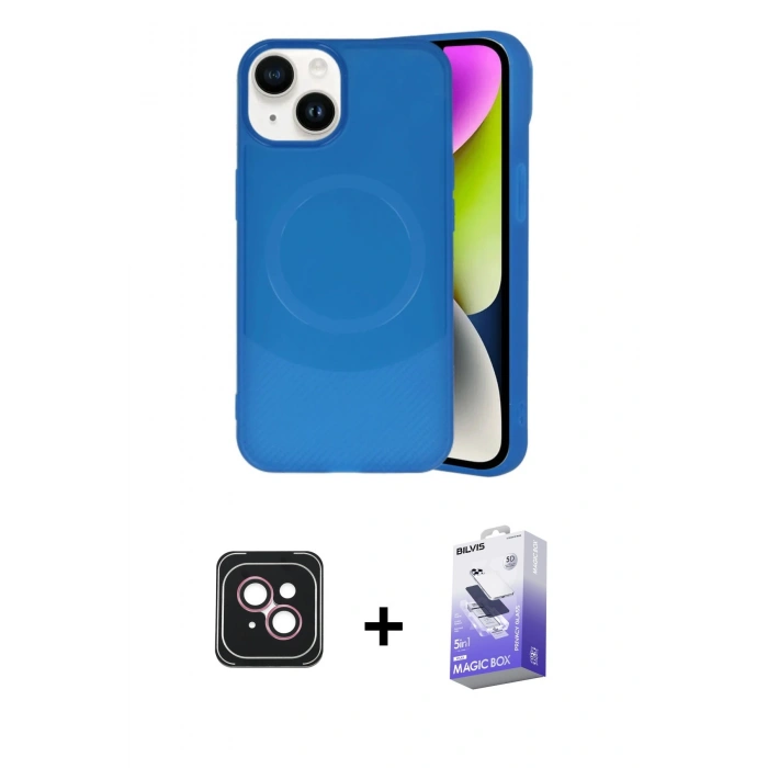 MARSİLYAN™- iPhone 14 Kılıf Ufuk Serisi - Siyah Bilvis 5in1 5D Magic Hayalet Cam Ekran Koruyucu + PVD Metal Kamera Lens - PE