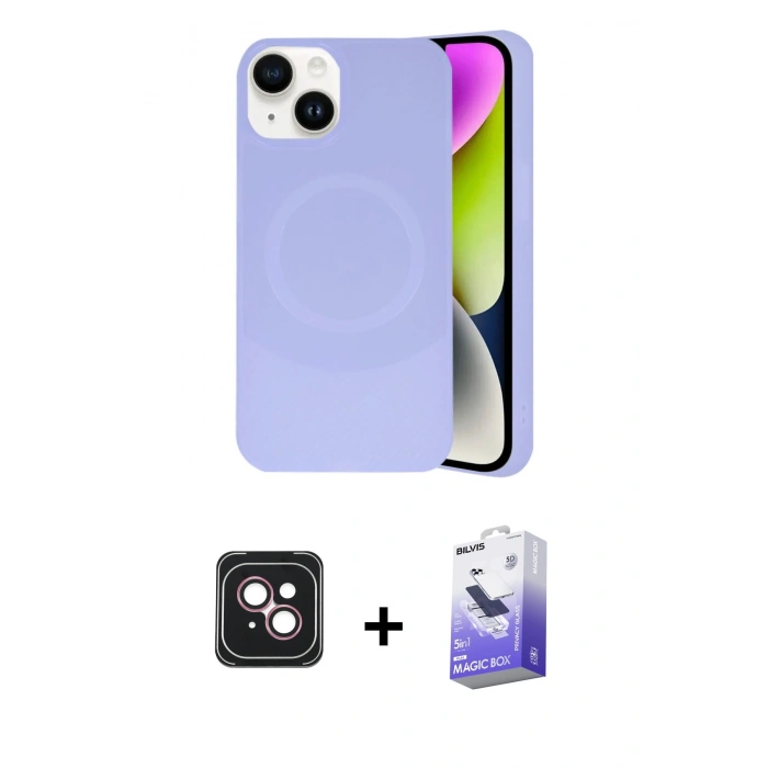 MARSİLYAN™- iPhone 14 Kılıf Ufuk Serisi - Siyah Bilvis 5in1 5D Magic Hayalet Cam Ekran Koruyucu + PVD Metal Kamera Lens - PE