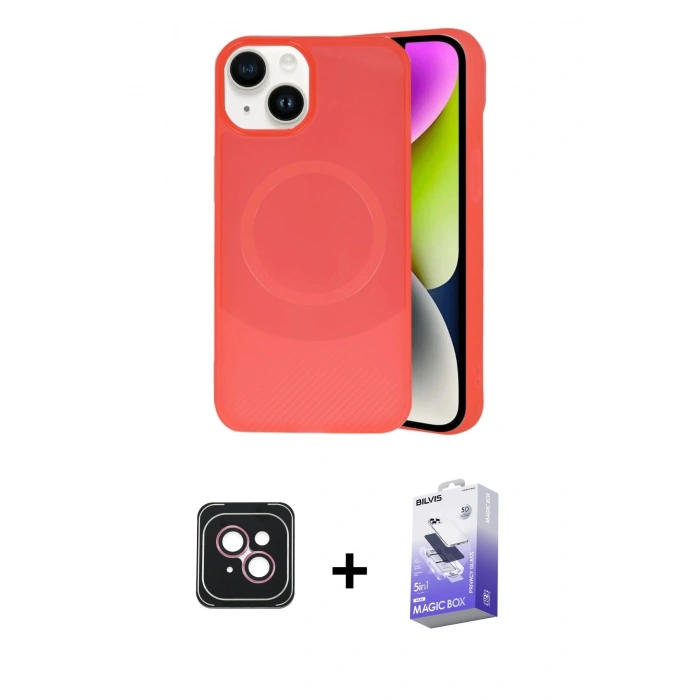 MARSİLYAN™- iPhone 14 Kılıf Ufuk Serisi - Siyah Bilvis 5in1 5D Magic Hayalet Cam Ekran Koruyucu + PVD Metal Kamera Lens - PE