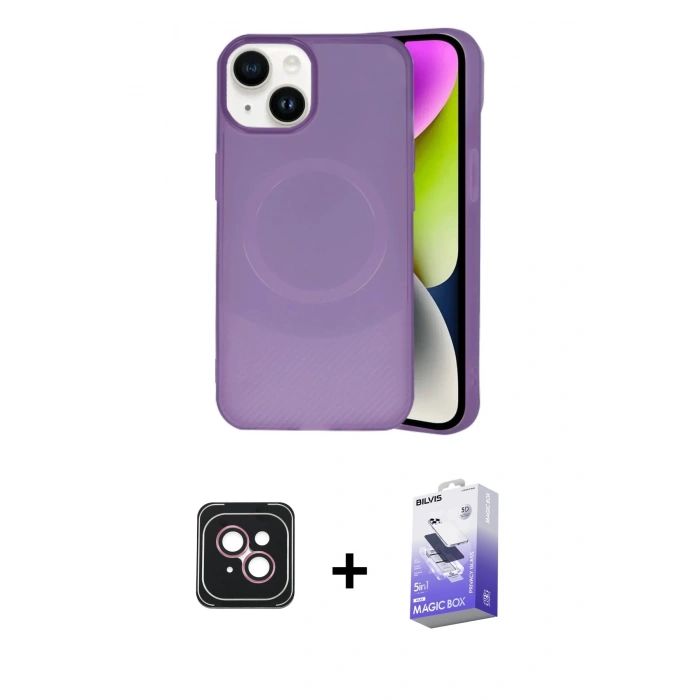 MARSİLYAN™- iPhone 14 Kılıf Ufuk Serisi - Siyah Bilvis 5in1 5D Magic Hayalet Cam Ekran Koruyucu + PVD Metal Kamera Lens - PE