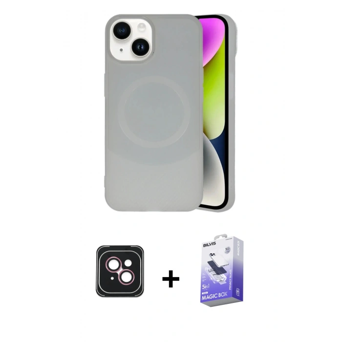 MARSİLYAN™- iPhone 14 Kılıf Ufuk Serisi - Siyah Bilvis 5in1 5D Magic Hayalet Cam Ekran Koruyucu + PVD Metal Kamera Lens - PE