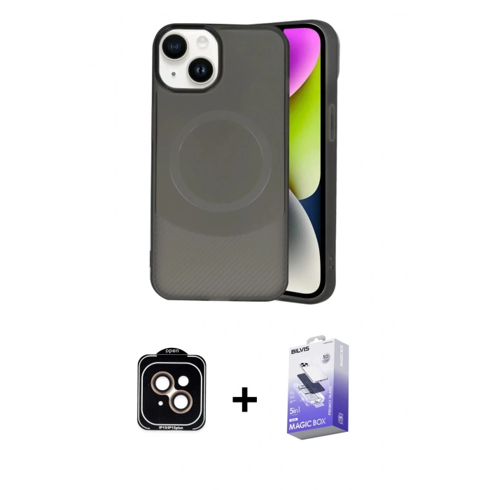 MARSİLYAN™- iPhone 14 Kılıf Ufuk Serisi - Siyah Bilvis 5in1 5D Magic Hayalet Cam Ekran Koruyucu + PVD Metal Kamera Lens - TU