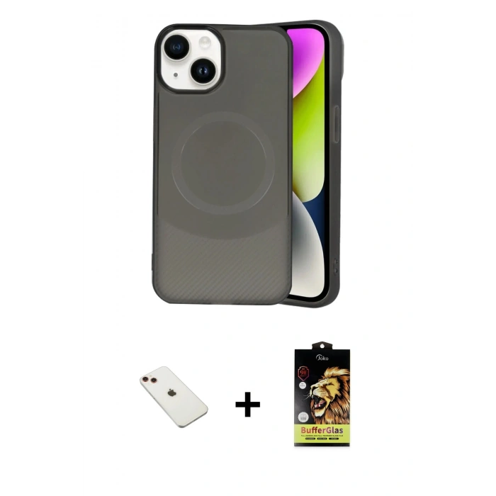 MARSİLYAN™- iPhone 14 Kılıf Ufuk Serisi - Siyah Buffer Cam Ekran Koruyucu + Diamond Kamera Lens - KI