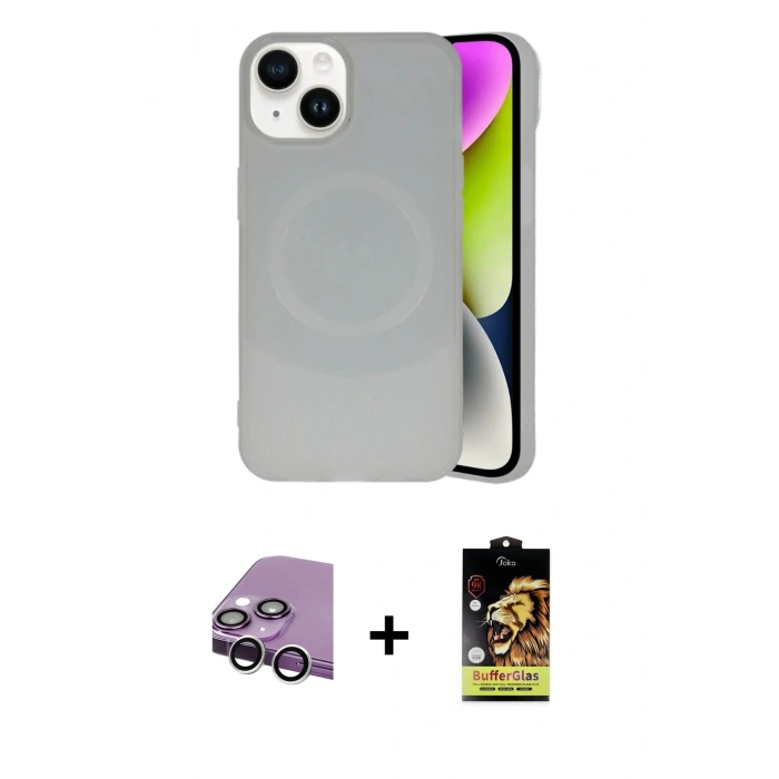 MARSİLYAN™- iPhone 14 Kılıf Ufuk Serisi - Siyah Buffer Cam Ekran Koruyucu + Raze Metal Kamera Lens - GS