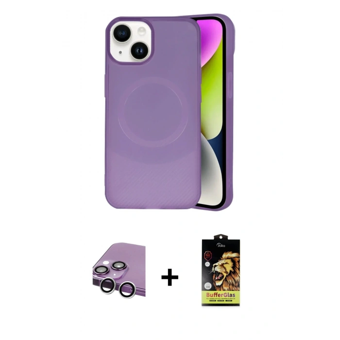 MARSİLYAN™- iPhone 14 Kılıf Ufuk Serisi - Siyah Buffer Cam Ekran Koruyucu + Raze Metal Kamera Lens - GS