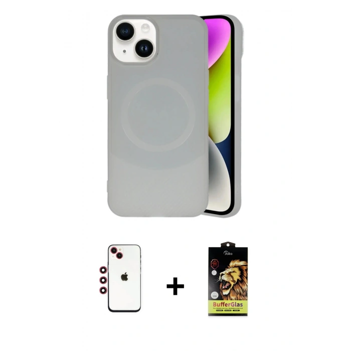 MARSİLYAN™- iPhone 14 Kılıf Ufuk Serisi - Siyah Buffer Cam Ekran Koruyucu + Kırmızı Shine Kamera Lens
