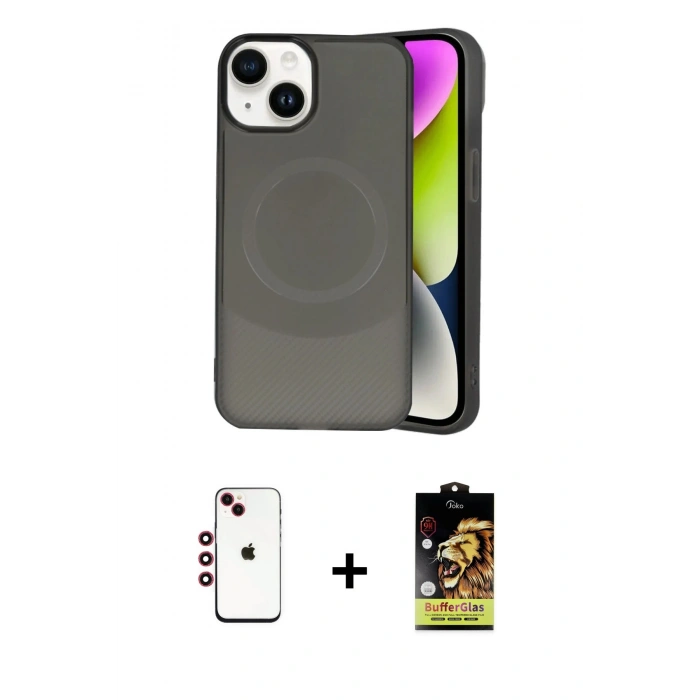 MARSİLYAN™- iPhone 14 Kılıf Ufuk Serisi - Siyah Buffer Cam Ekran Koruyucu + Kırmızı Shine Kamera Lens
