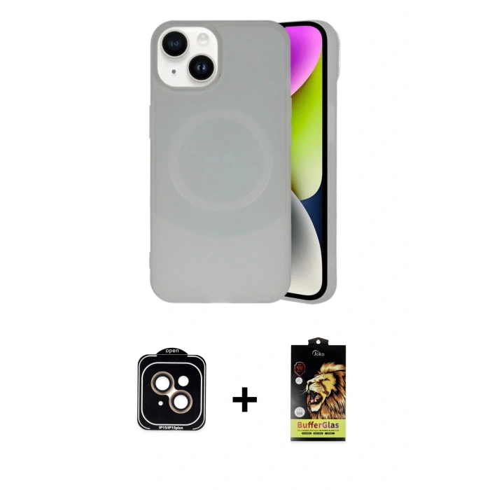 MARSİLYAN™- iPhone 14 Kılıf Ufuk Serisi - Siyah Buffer Cam Ekran Koruyucu + PVD Metal Kamera Lens - TU