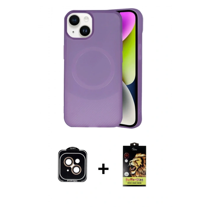 MARSİLYAN™- iPhone 14 Kılıf Ufuk Serisi - Siyah Buffer Cam Ekran Koruyucu + PVD Metal Kamera Lens - TU